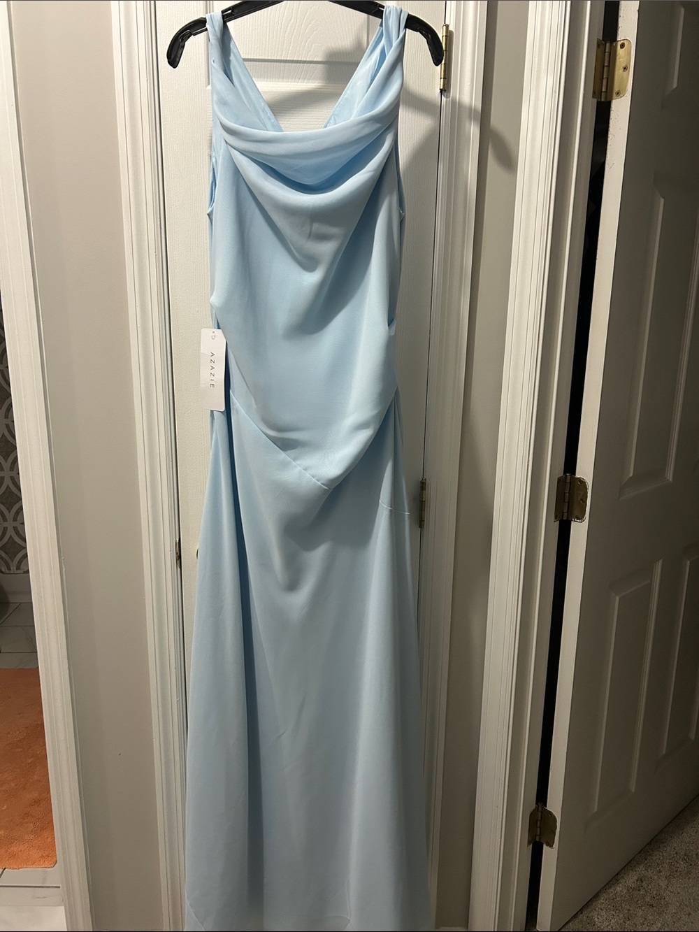 Azazie Light Blue Draped Cowl Neck Prom Gown